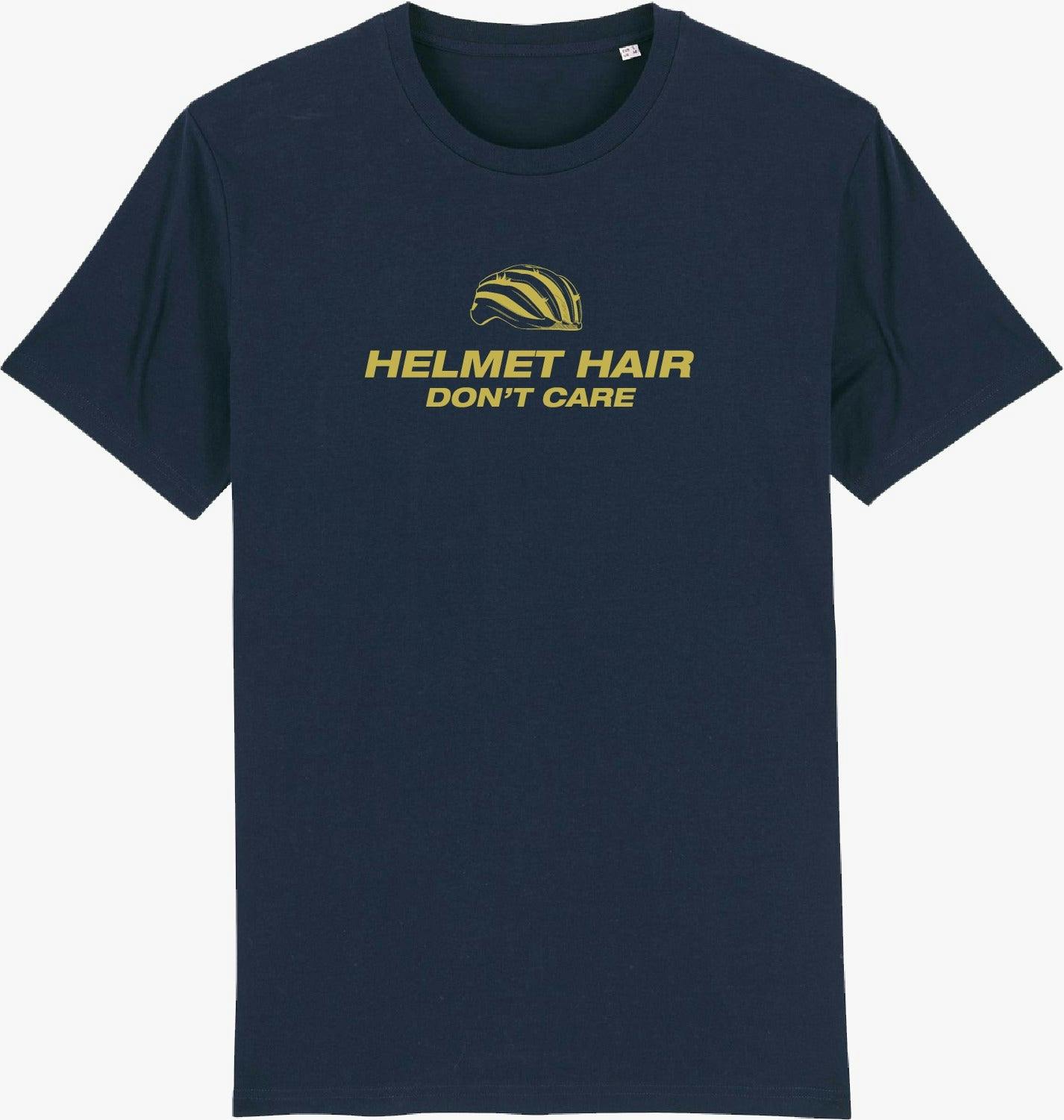 Helmet hair don't care unisex cycling T-shirt (navy - mustard)